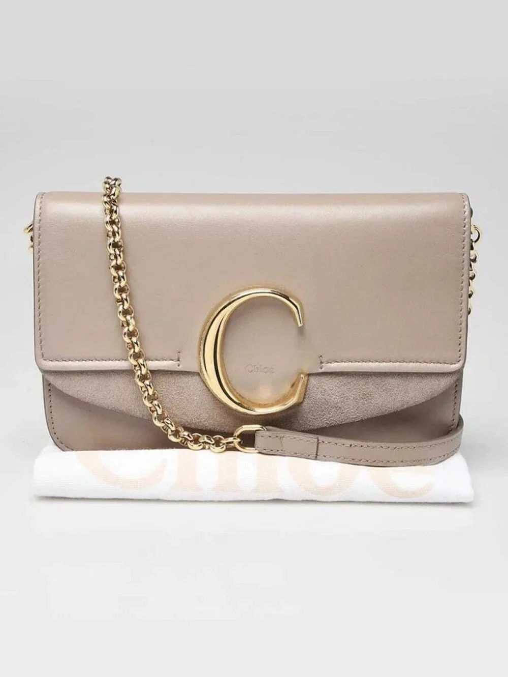Chloe Motty Grey Calfskin Leather and Suede C Chain Clutch Bag